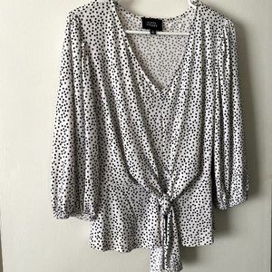 Fifty Street Blouse Large Black Polka Dot Tie Front V Neck